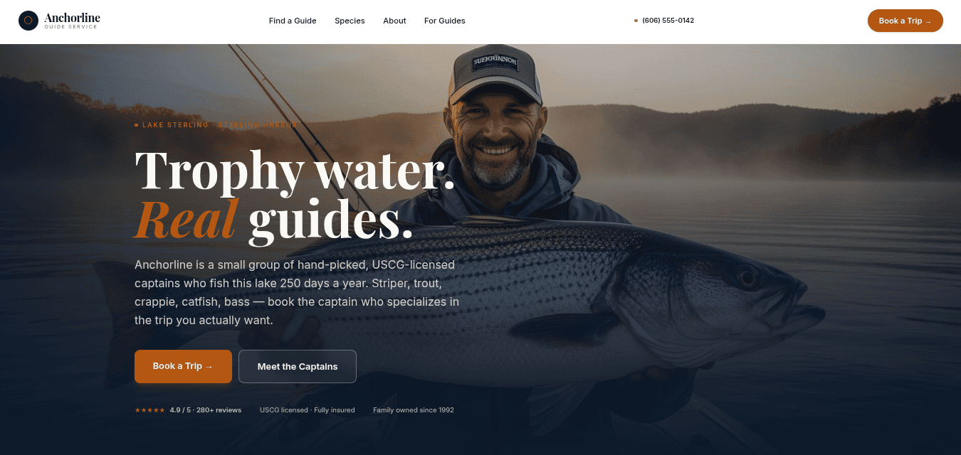 Fishing guide website demo for Lake Cumberland with trip booking and captain bios