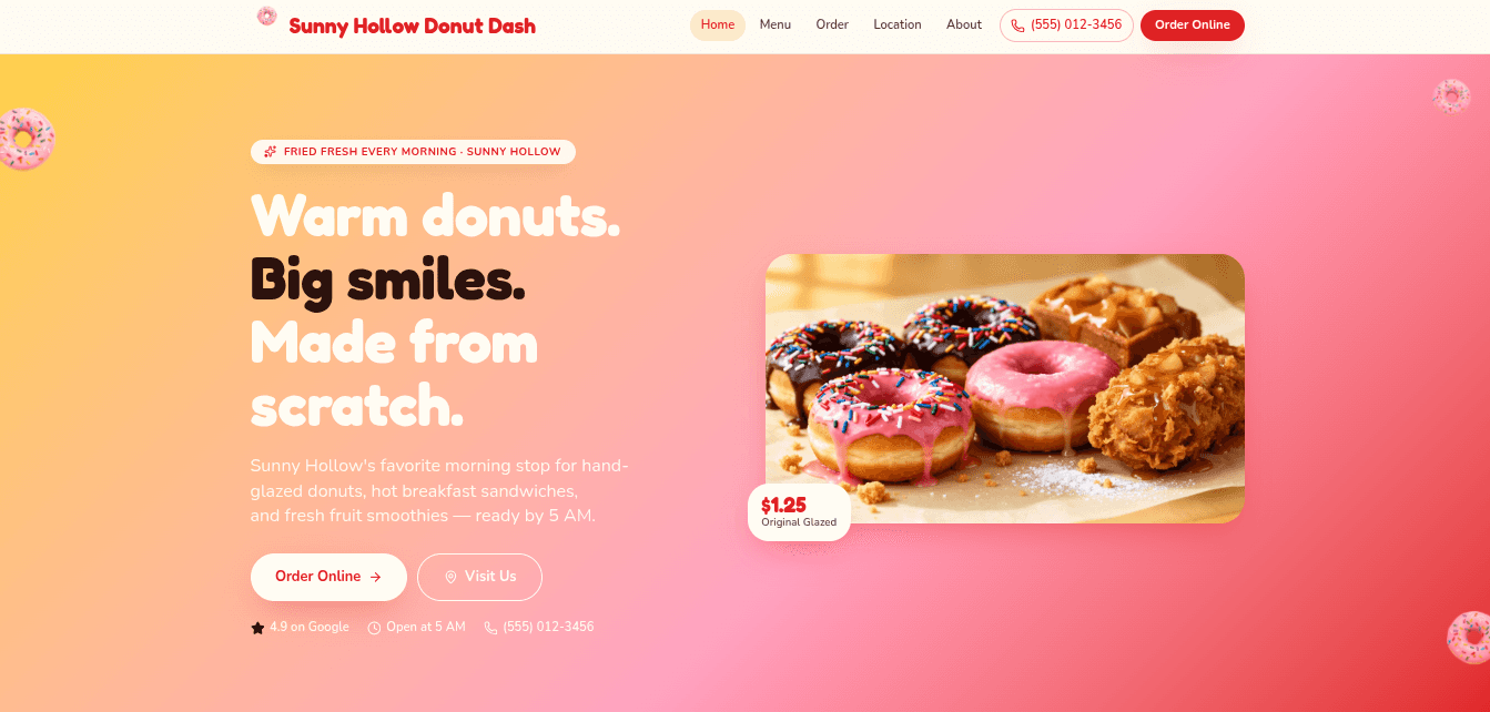 Donut shop website demo for Monticello KY and Lake Cumberland with online ordering and daily menu