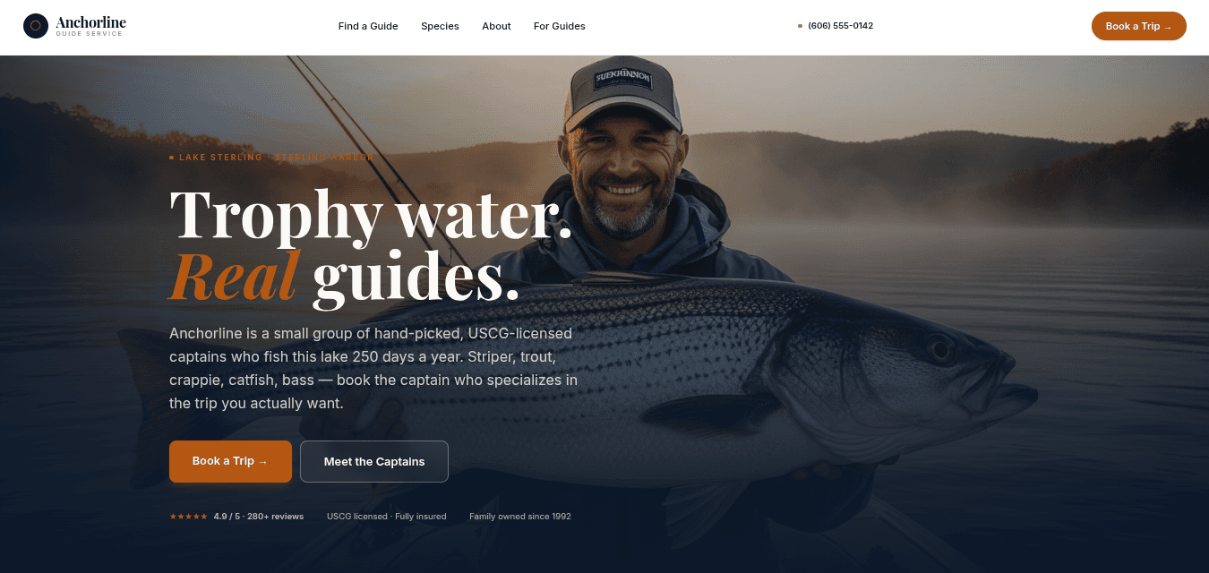 Anchorline Guide Service — live demo website for a fishing guide business near Lake Cumberland, handcrafted in Monticello, KY