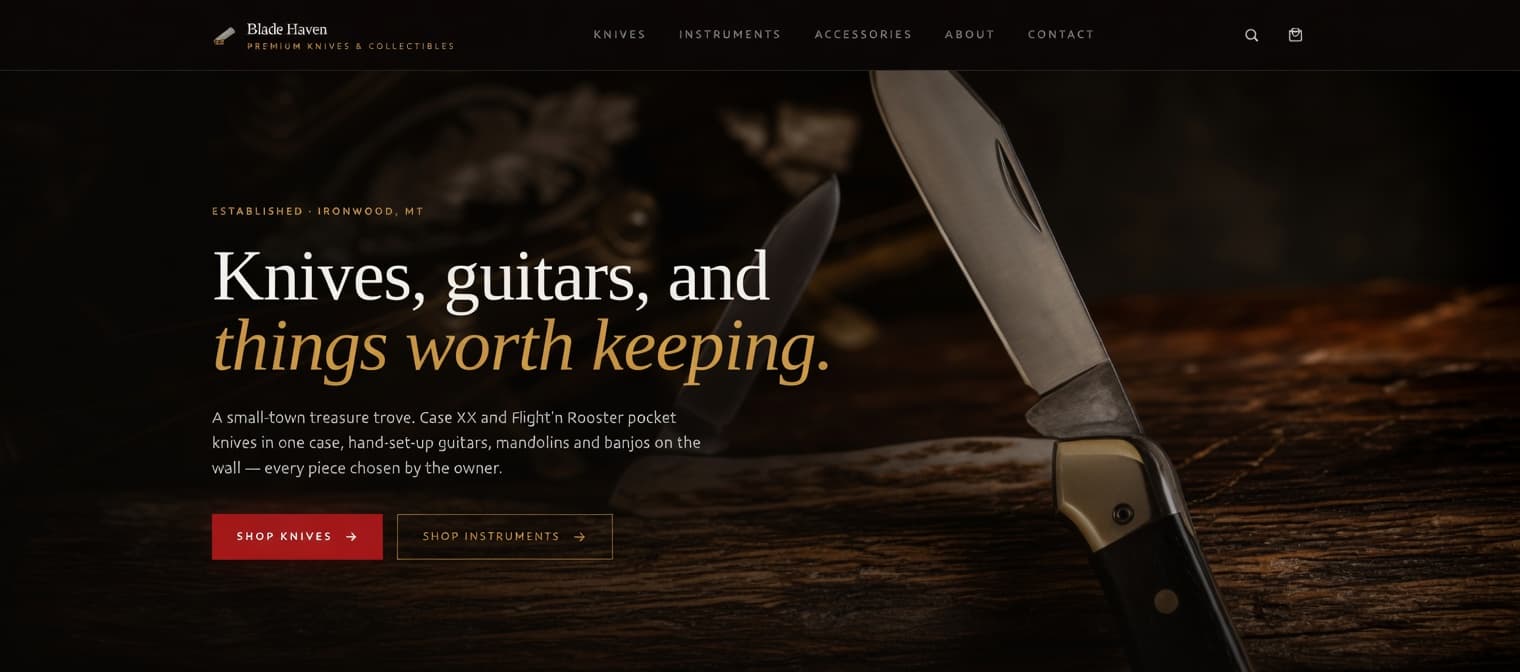 Blade Haven — live demo website for a specialty retail business near Lake Cumberland, handcrafted in Monticello, KY