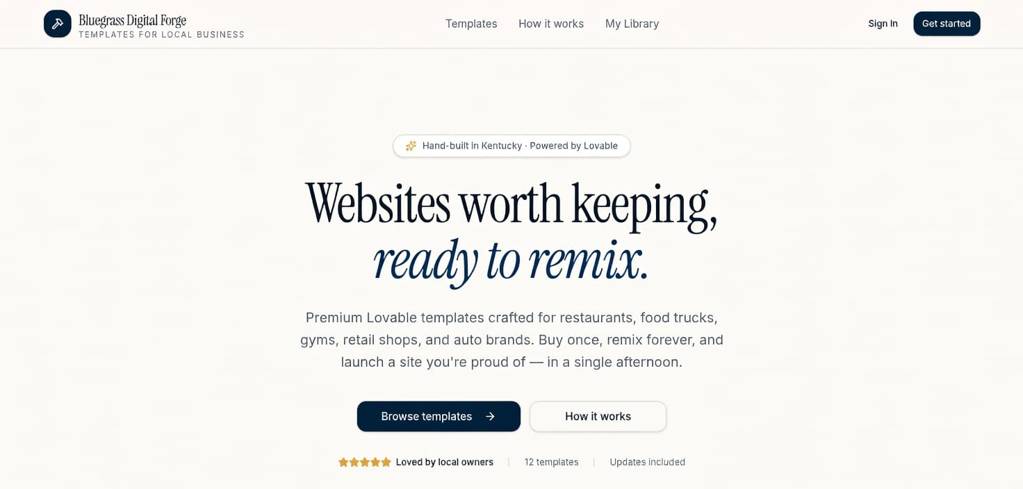 Bluegrass Digital Forge Templates — live demo website for a template library business near Lake Cumberland, handcrafted in Monticello, KY