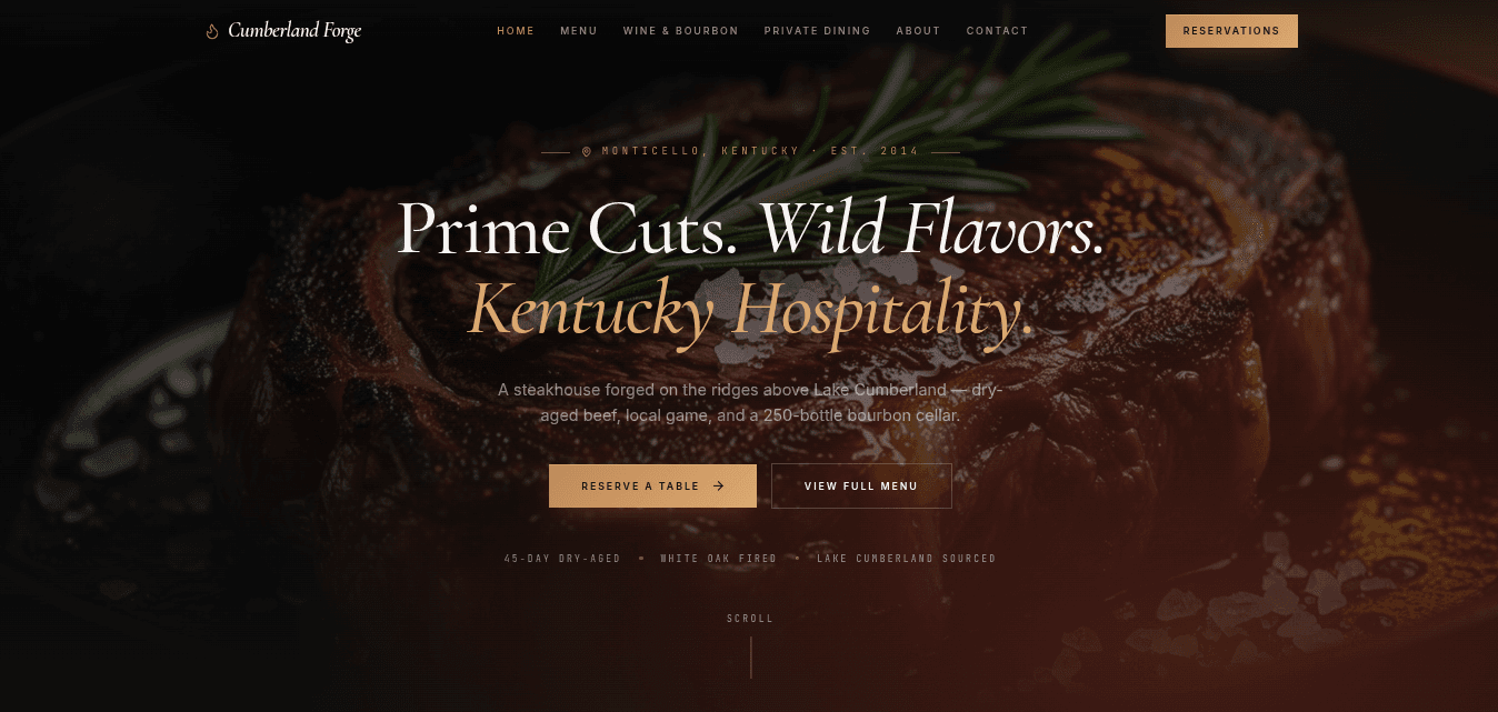 Cumberland Forge Steakhouse — live demo website for a steakhouse business near Lake Cumberland, handcrafted in Monticello, KY