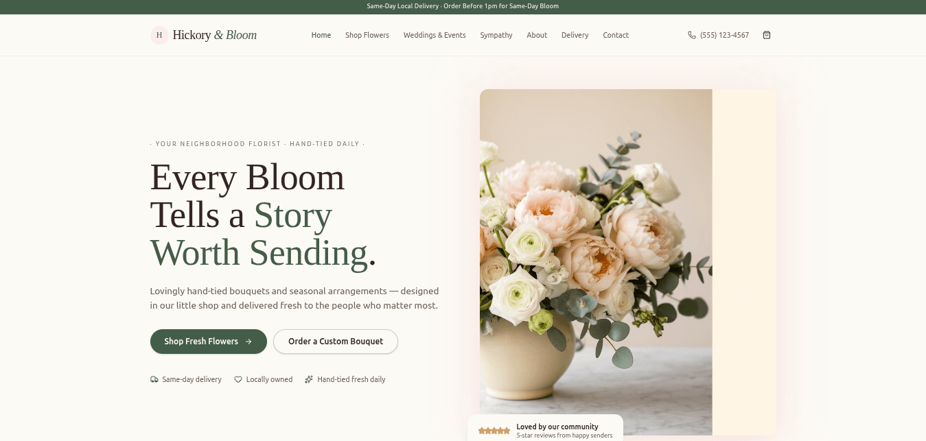 Hickory & Bloom — live demo website for a florist business near Lake Cumberland, handcrafted in Monticello, KY