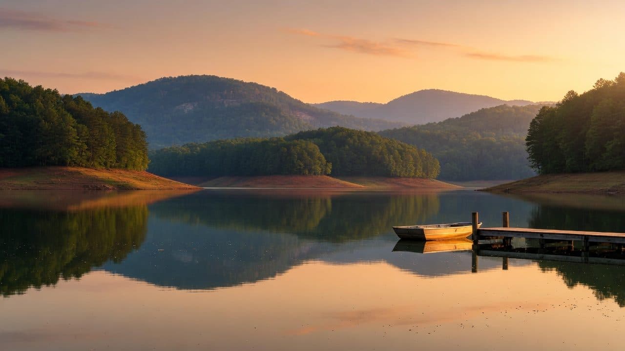Golden hour view of Lake Cumberland with calm water and rolling hills near Monticello, Kentucky — authentic local scene