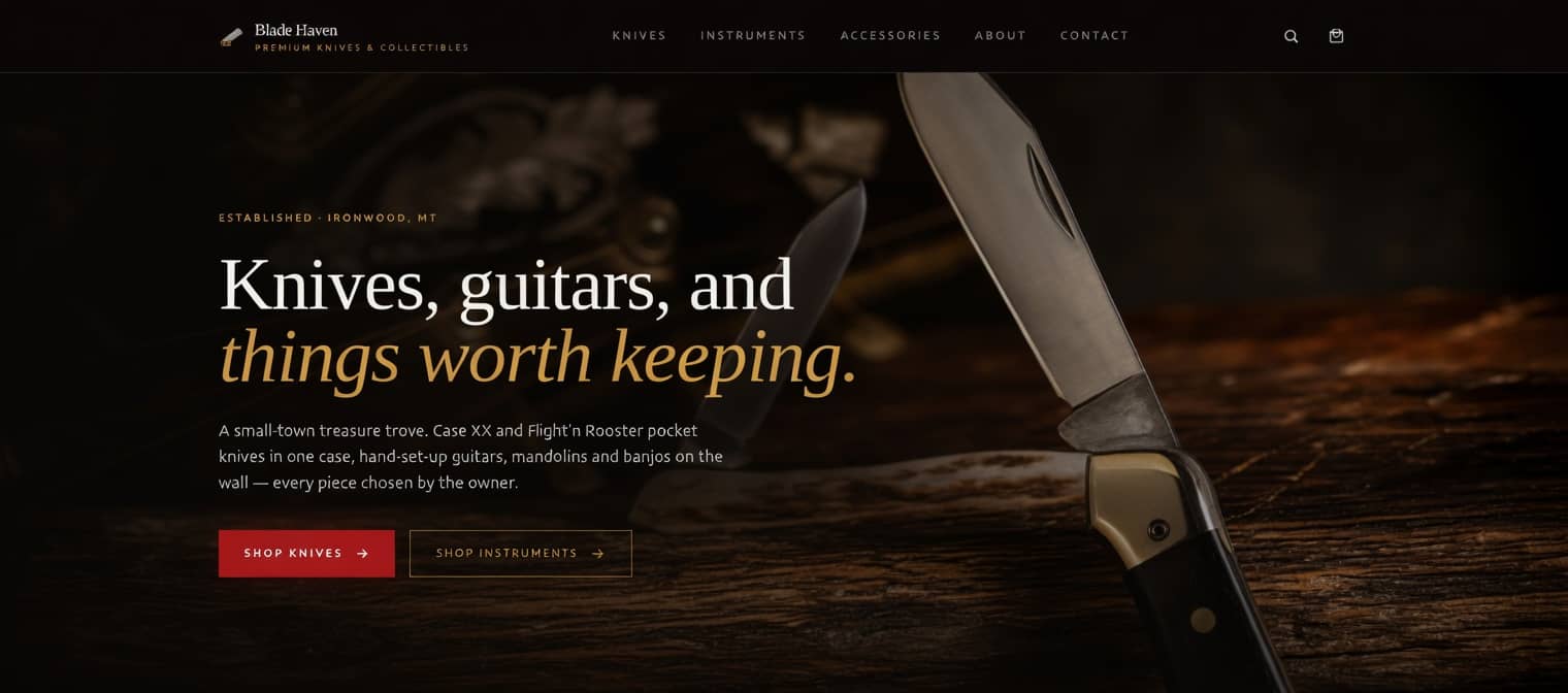 Specialty knife shop website demo with featured blades and store story