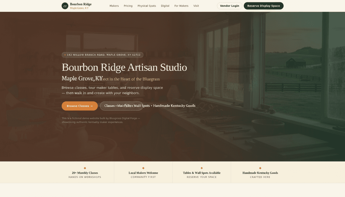 Artisan studio website demo for Kentucky makers with classes and handmade goods
