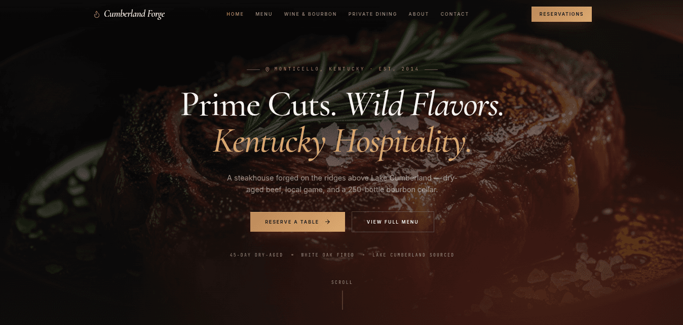 Fine-dining steakhouse website demo for Lake Cumberland with reservations and bourbon flights