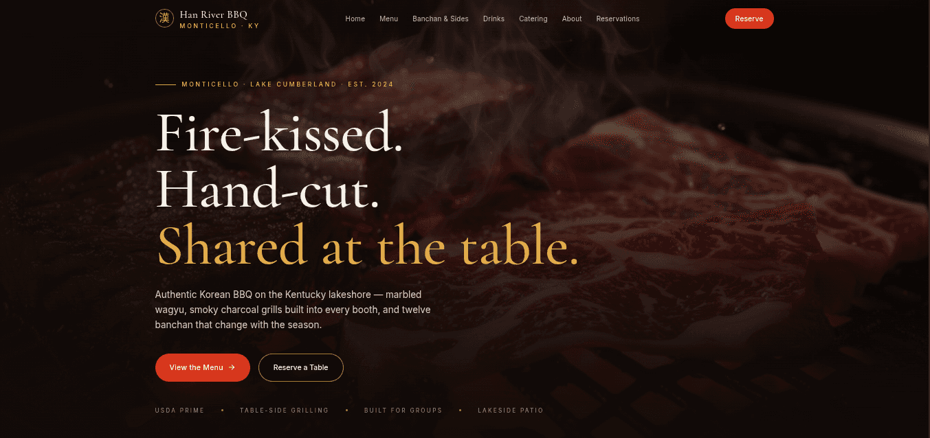 Korean BBQ restaurant website demo with table grills, menu, and group reservations