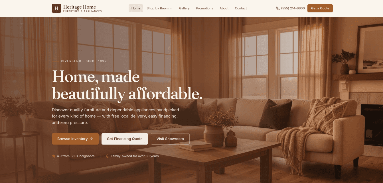 Furniture store website demo with showroom catalog and financing options