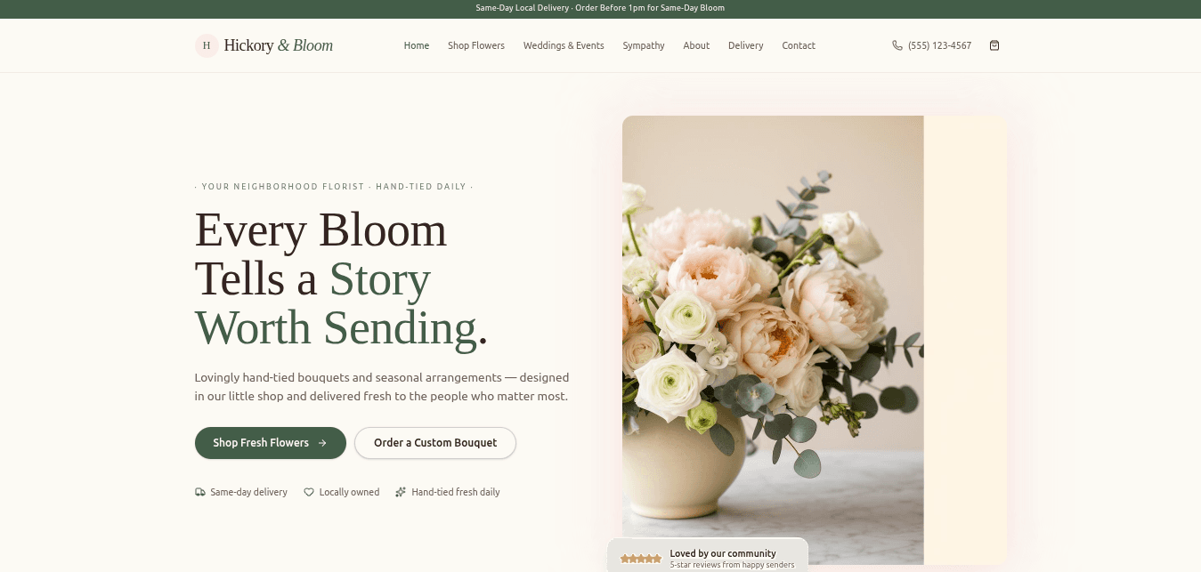 Florist website demo for Kentucky with same-day delivery and wedding bouquets