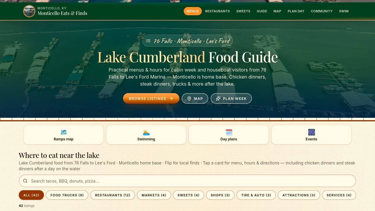 Monticello Eats & Finds live food guide for Lake Cumberland — menus, hours, and directions for Wayne County restaurants and food trucks
