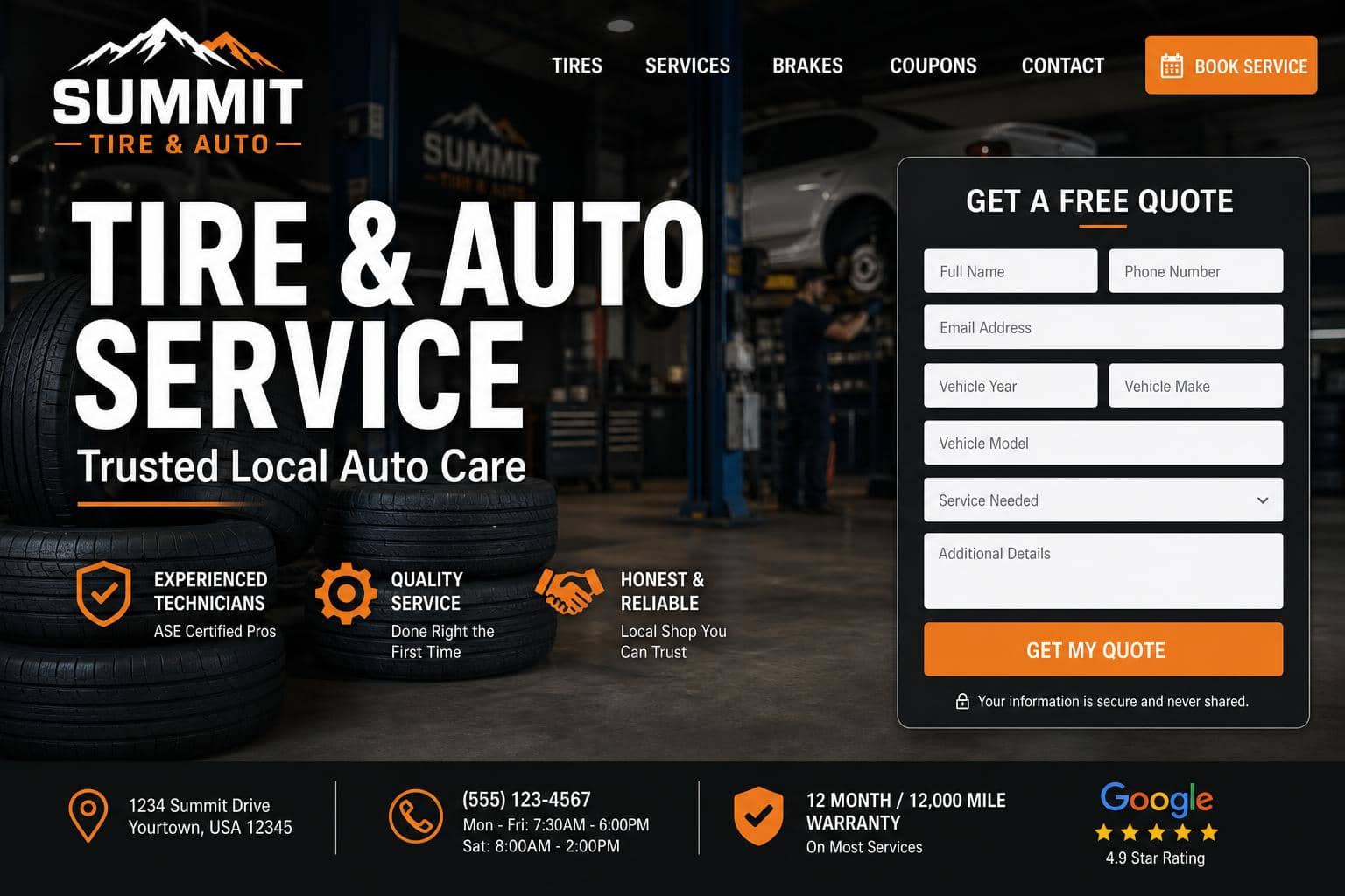 Auto service website demo for tire shops with service booking and instant quotes