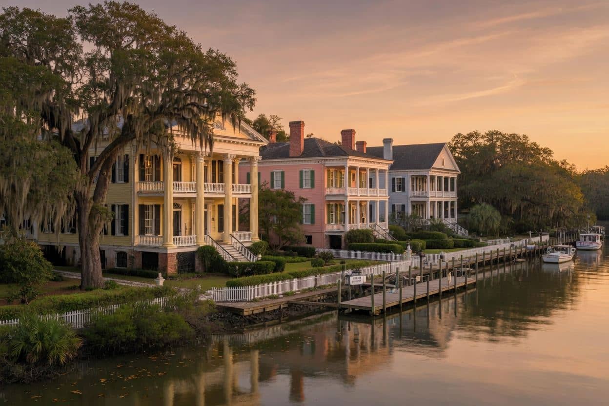 Beaufort SC historic district waterfront with antebellum homes, moss-draped oaks and boats at golden hour, authentic Lowcountry historic photography