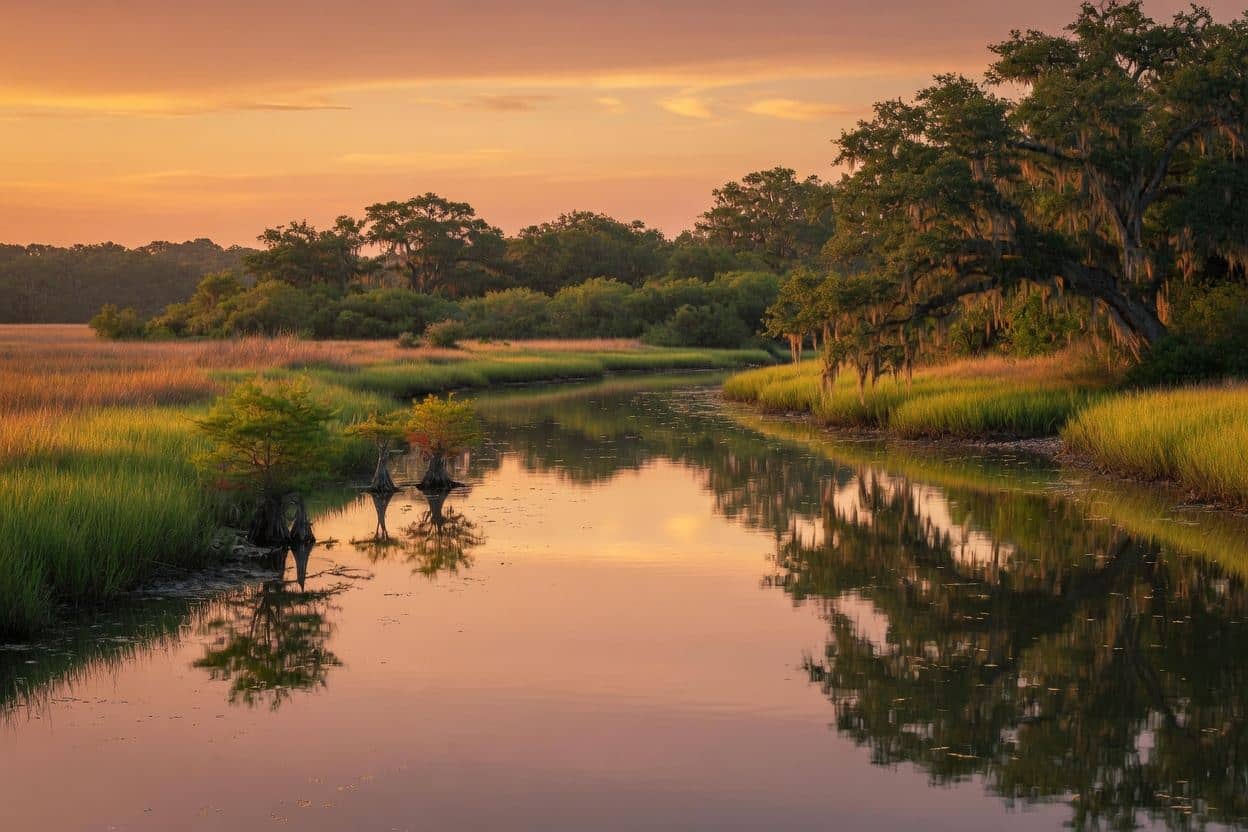 Peaceful Edisto River Lowcountry scenic view at golden hour with calm water, marsh grass and live oaks — authentic South Carolina river photography
