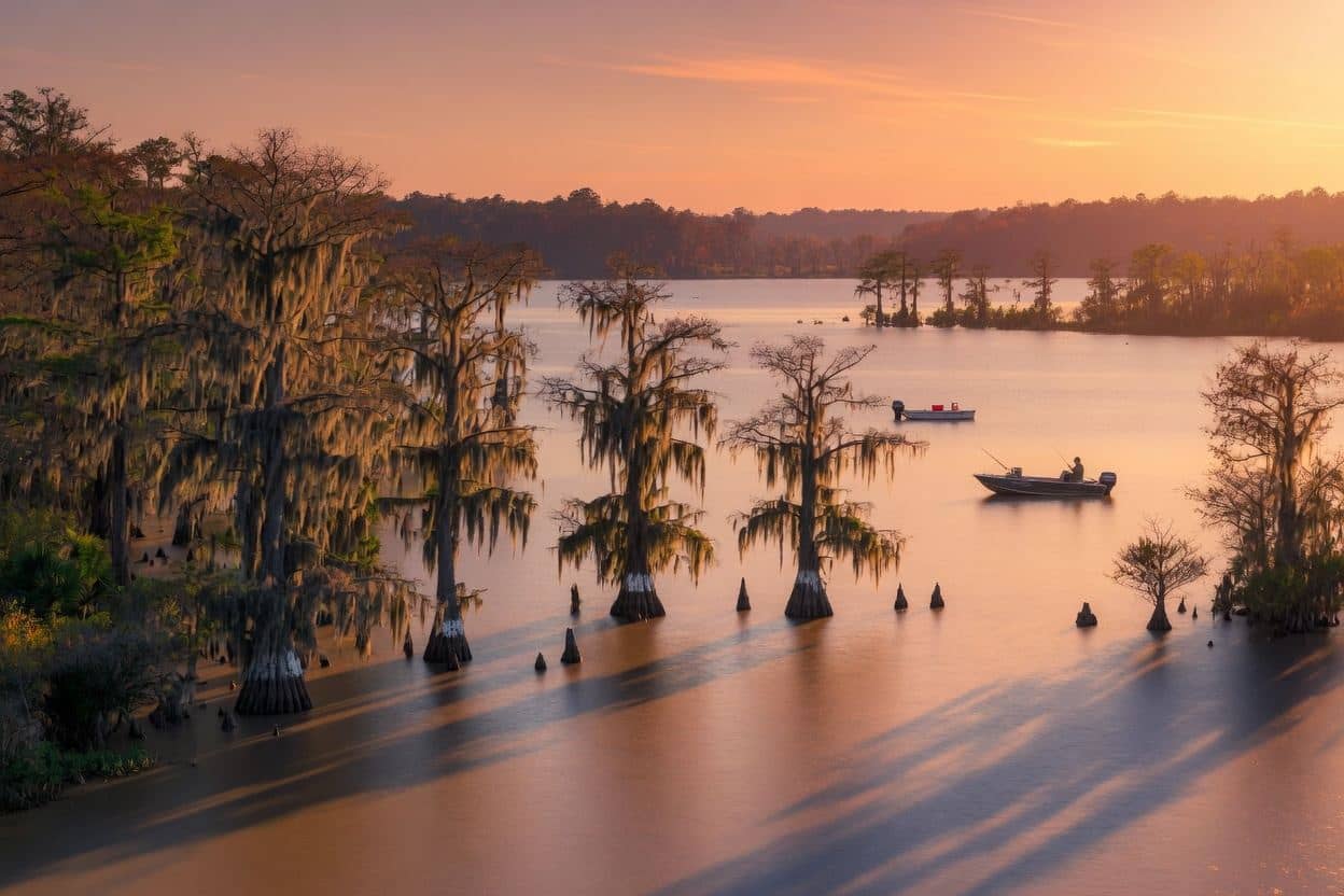 Lake Moultrie South Carolina landscape with cypress trees in water and boating at golden hour sunset, authentic Lowcountry lake photography for local businesses