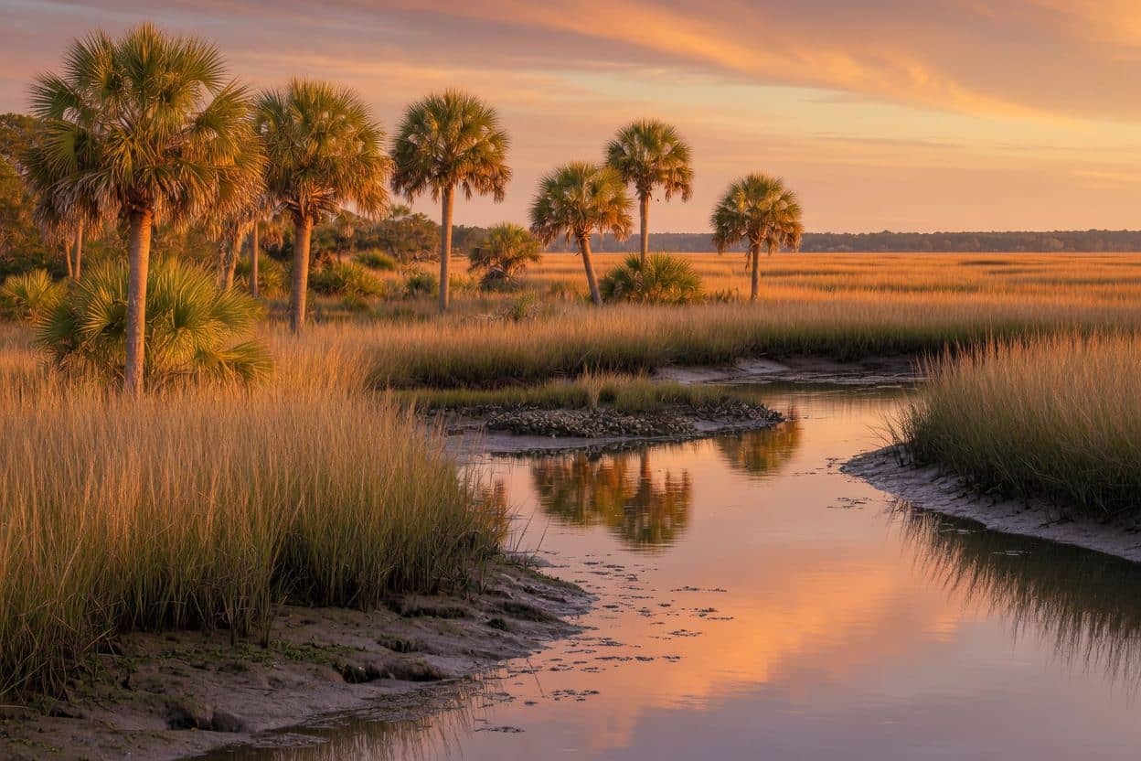 South Carolina Lowcountry coastal marsh with palmetto trees at golden hour sunset, warm natural light reflections in tidal creek — authentic palmetto marsh photography