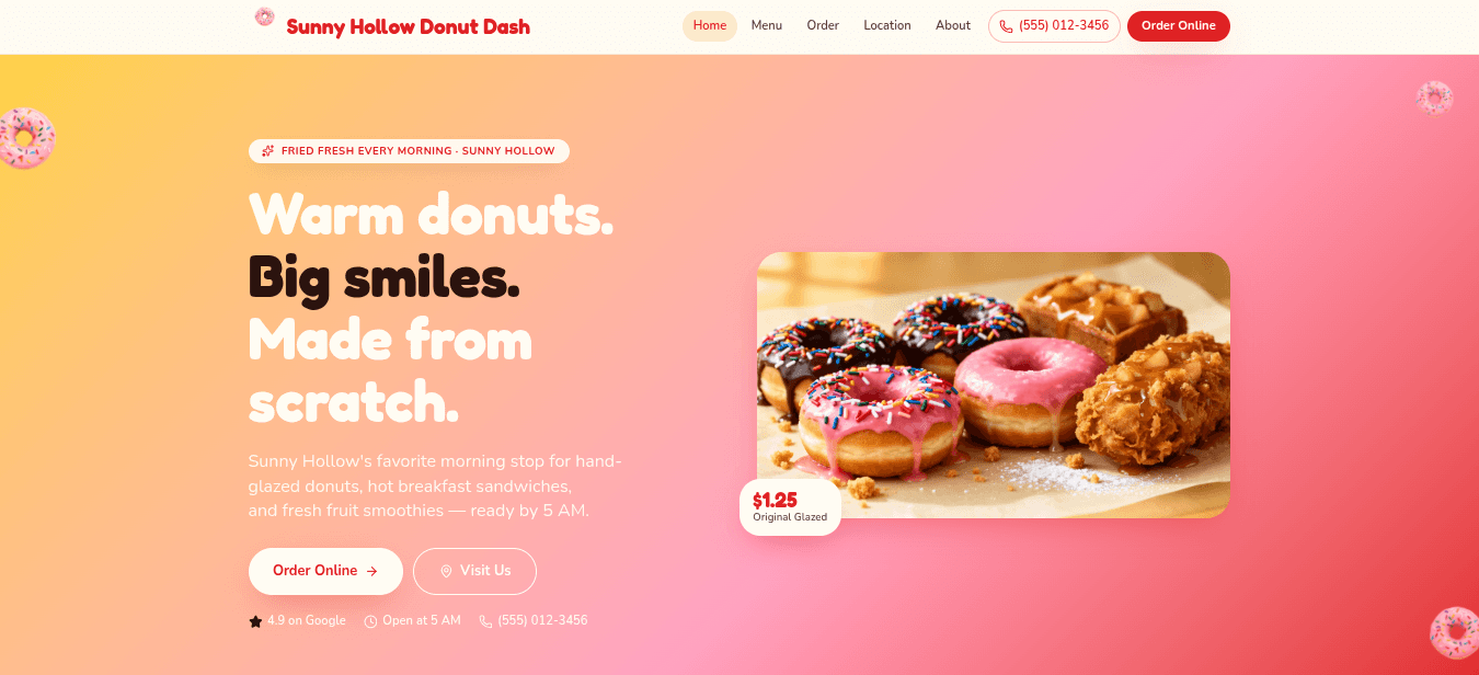 Donut shop website example — Sunny Hollow Donut Dash, portfolio piece built in Monticello KY