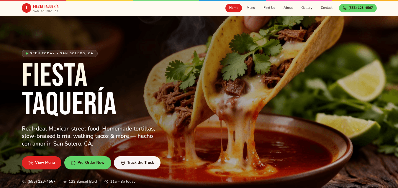 Food truck website example — Fiesta Taqueria, portfolio piece built in Monticello KY