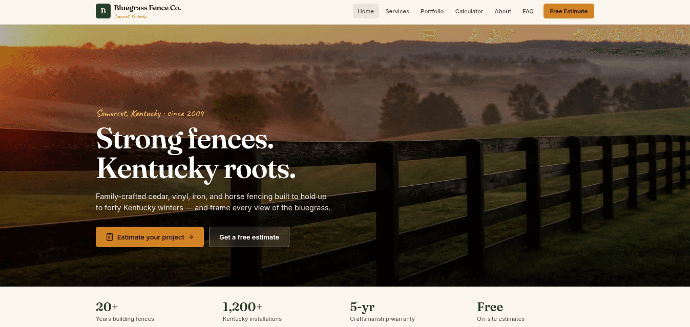 Fence & outdoor website example — Bluegrass Fence Co., portfolio piece built in Monticello KY