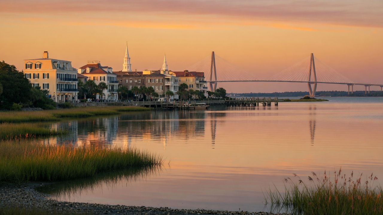 Golden hour over Charleston SC harbor with historic waterfront, Ravenel Bridge, and authentic Lowcountry marsh grass in foreground — photorealistic warm natural light photography for Charleston web design
