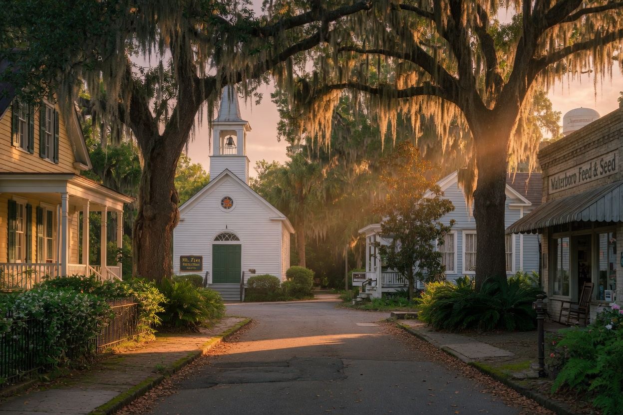 Historic small-town Southern charm in Walterboro or Summerville SC at golden hour: moss-draped live oaks, white church steeple, and quaint streets — authentic Lowcountry photography for small business websites